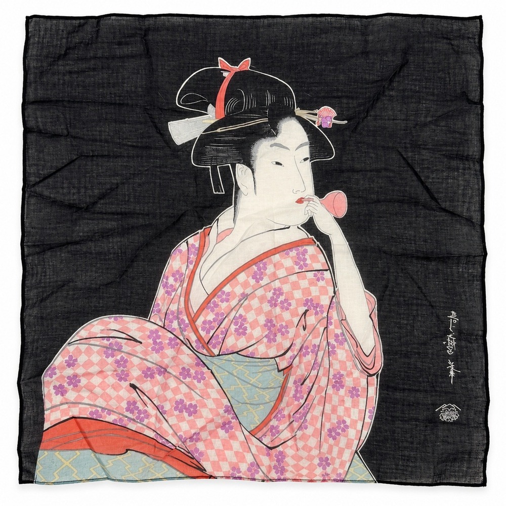 Vtg Japanese Ukiyo-e Geisha Handkerchief Utamaro Art Scarf Black Cotton